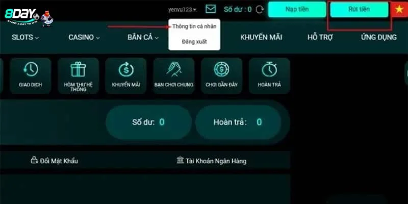 Các bước rút tiền nhanh gọn từ nhà cái 8DAY.